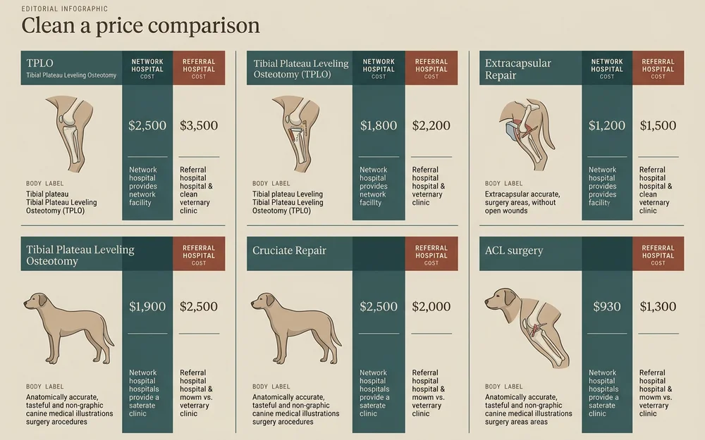 Price comparison layout showing network versus referral hospital costs by procedure