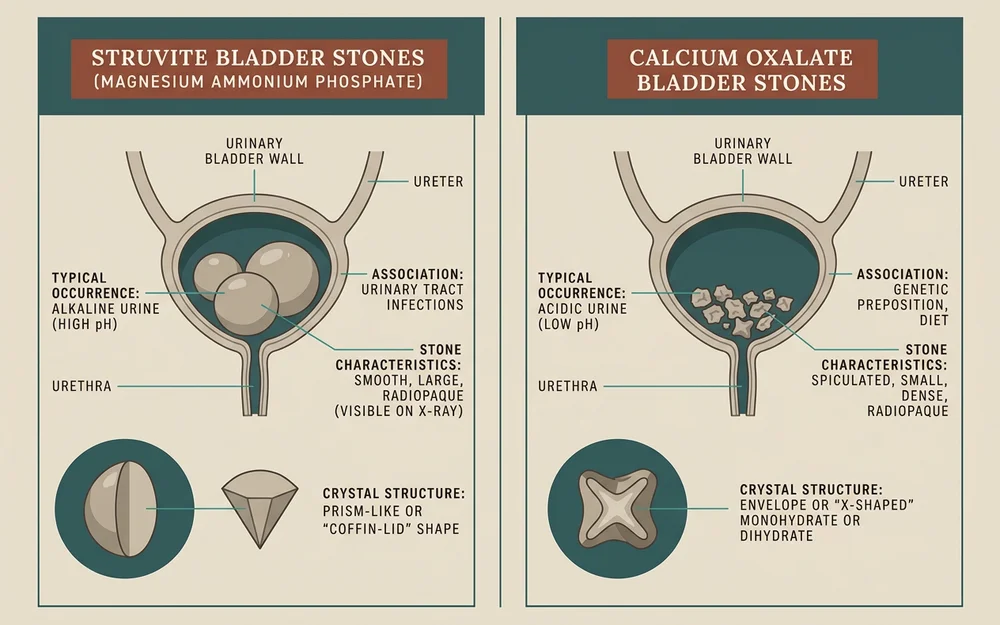 Side-by-side comparison layout of two canine bladder stone types