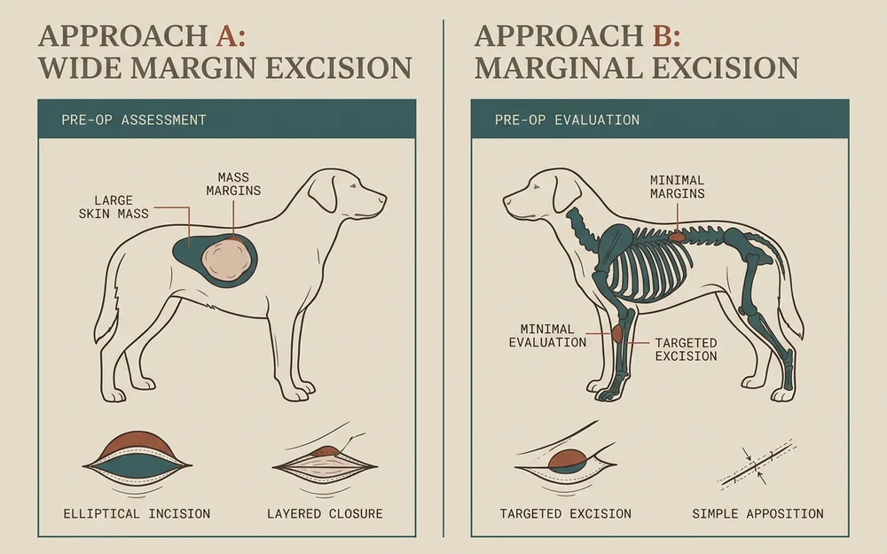 Side-by-side comparison layout of two surgical approaches for canine mass removal
