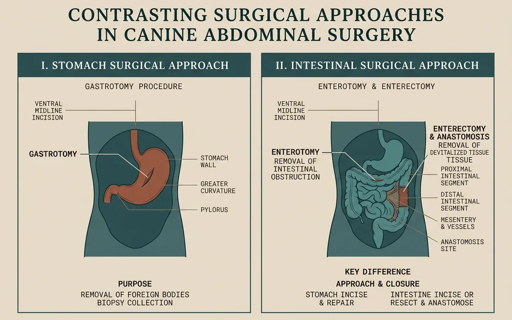 Clinical diagram contrasting the stomach and intestinal surgical approaches