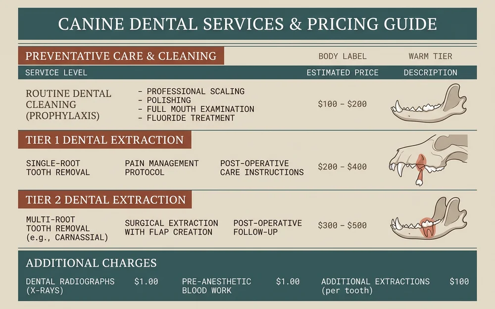Tiered dental price layout for canine extractions and cleanings