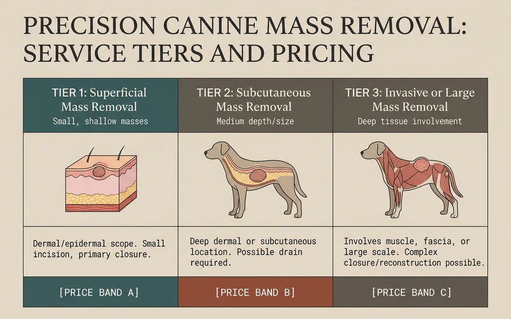 Tiered price layout for canine mass removal by size and depth