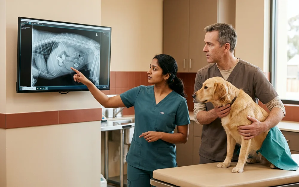 Clear abdominal radiograph on a veterinary clinic screen showing dense radiopaque objects