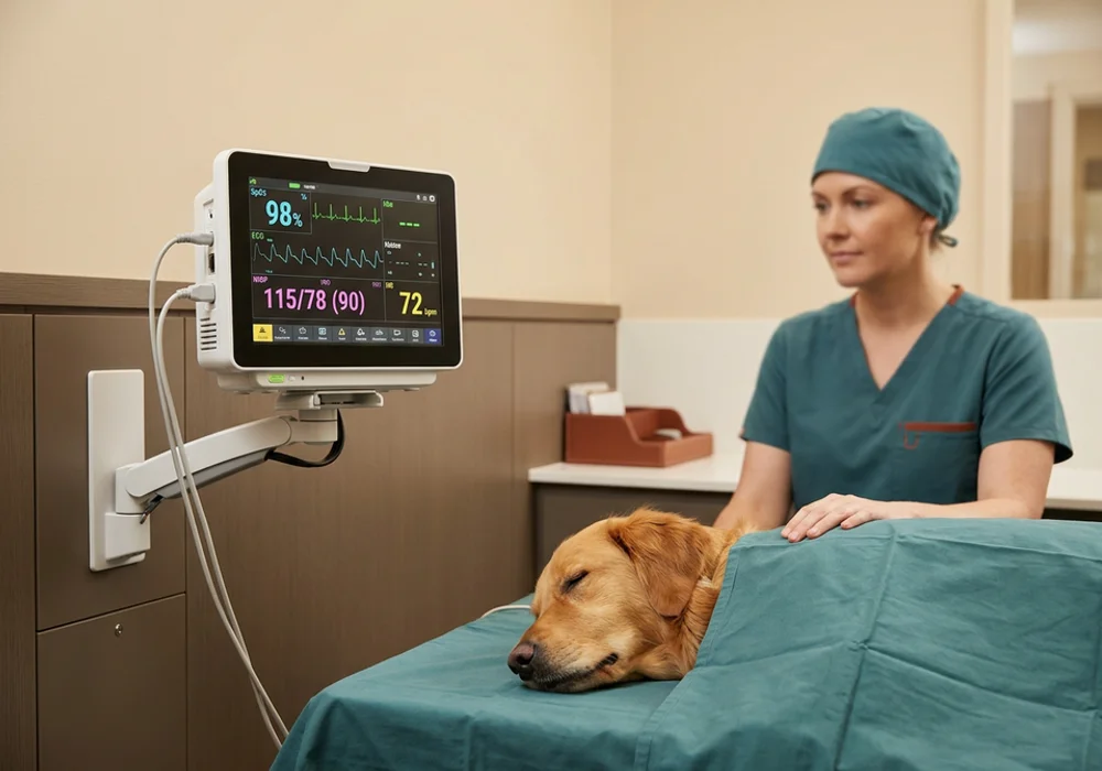 Multi-parameter anesthetic monitor displaying SpO2, ECG and blood pressure beside a sleeping dog on a surgical table