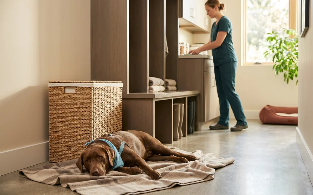 Closed laundry basket and tidy utility room with a labrador resting nearby