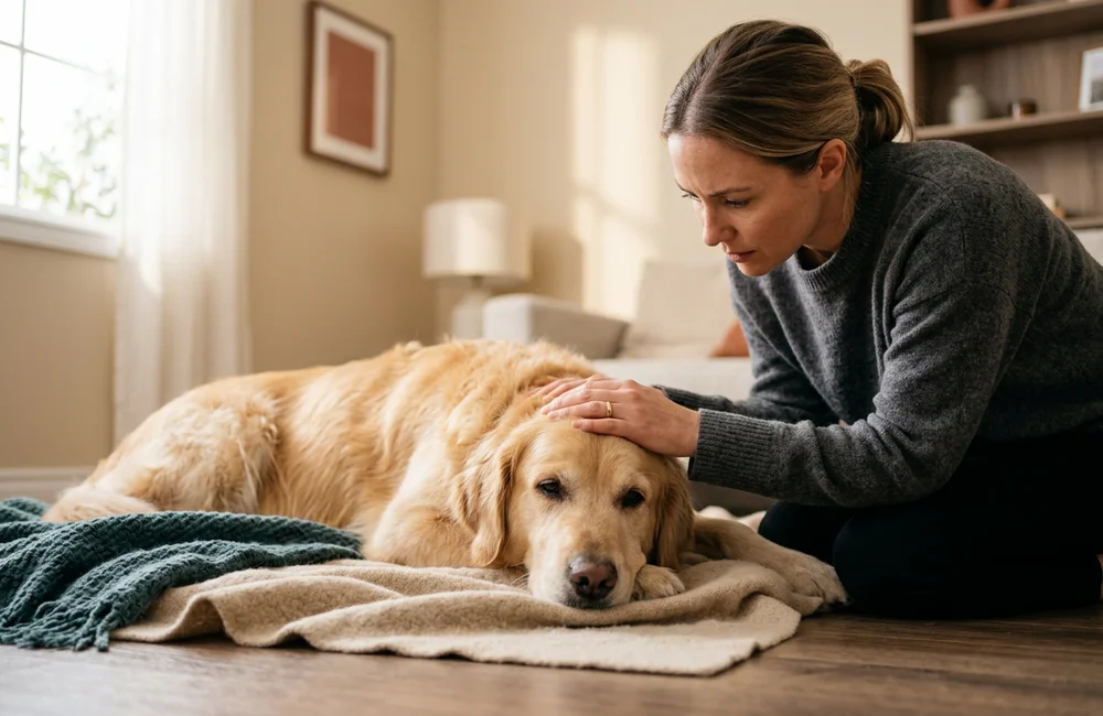 Dog owner comforting a lethargic female retriever resting on a blanket at home