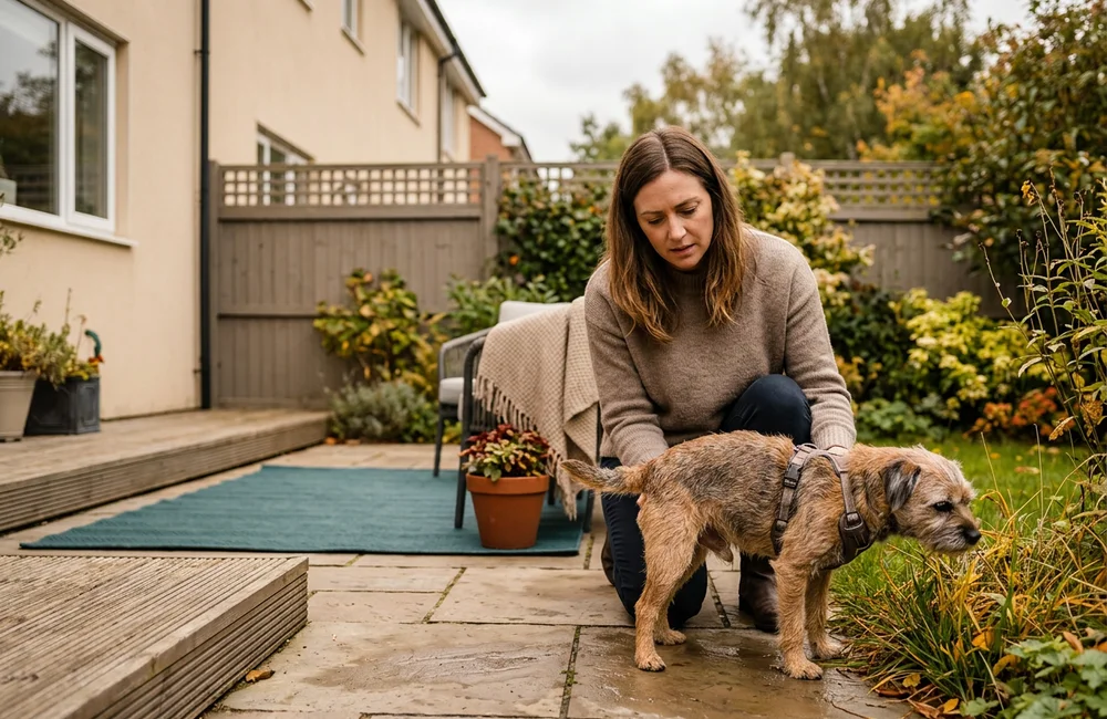 Dog owner watching their terrier struggling to urinate in a suburban backyard
