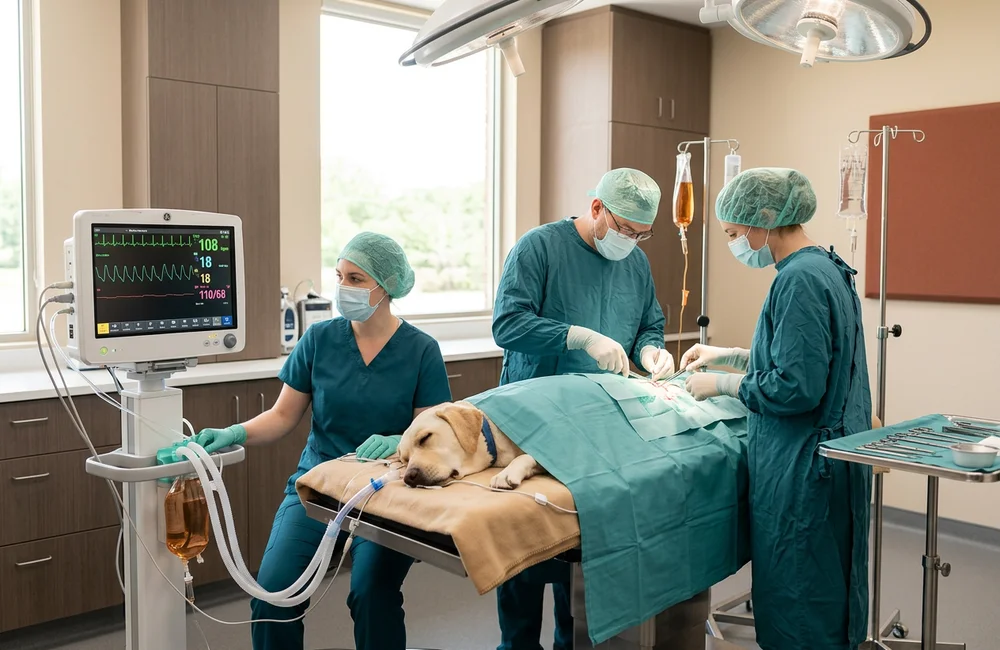 Continuous ECG trace on an anesthetic monitor beside a sleeping dog during abdominal surgery