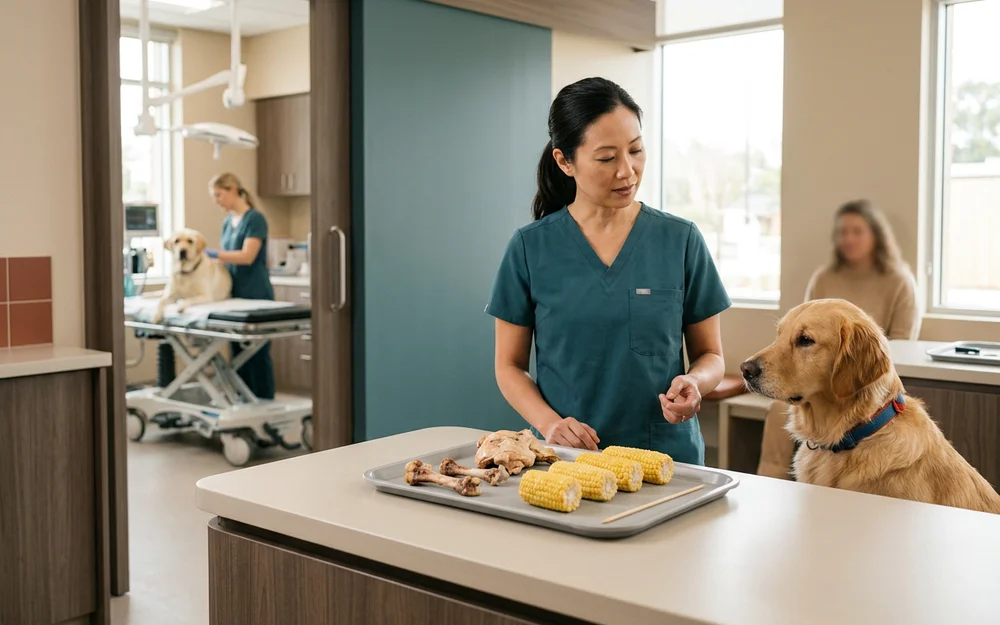 Corn cobs, cooked bones and wooden skewers displayed on a veterinary clinic bench