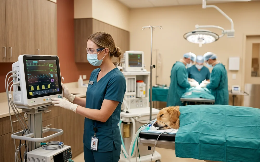 Veterinary anesthesia nurse watching vital sign traces beside a sleeping dog during surgery