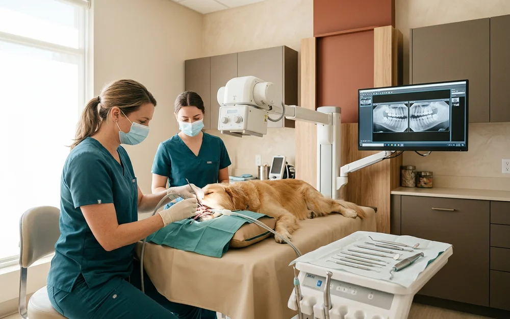 Digital dental radiography equipment and sterile instruments in a modern veterinary dental suite