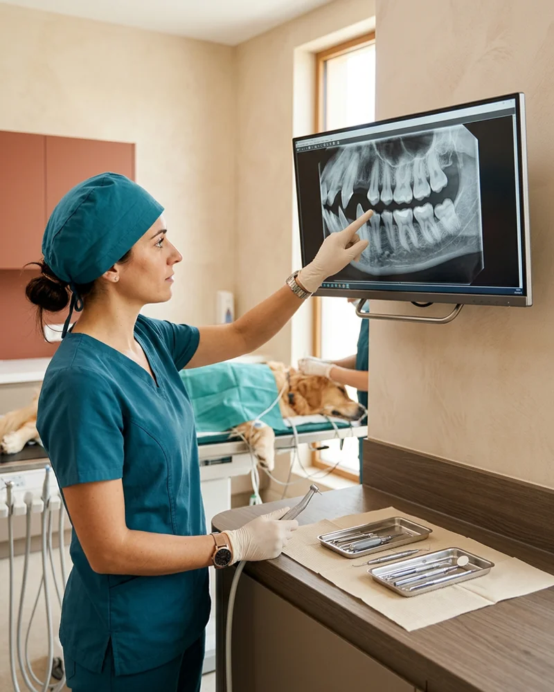 Digital intraoral dental radiograph displayed on a clinic monitor at a Wilmington DE veterinary practice beside sterile canine dental instruments