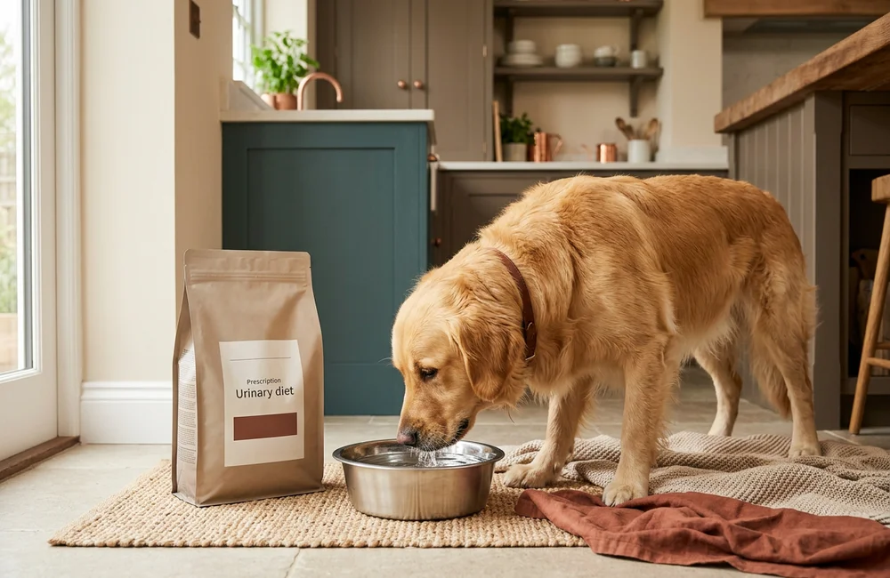 Dog drinking from a water bowl beside a bag of prescription urinary diet food at home