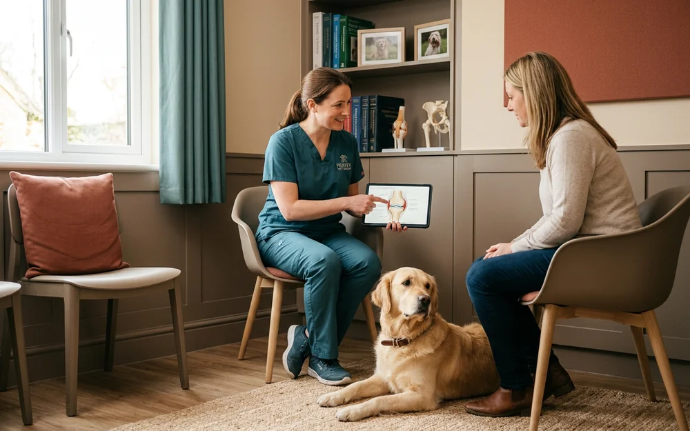 Dog owner and veterinary surgeon discussing treatment options with a relaxed retriever beside them