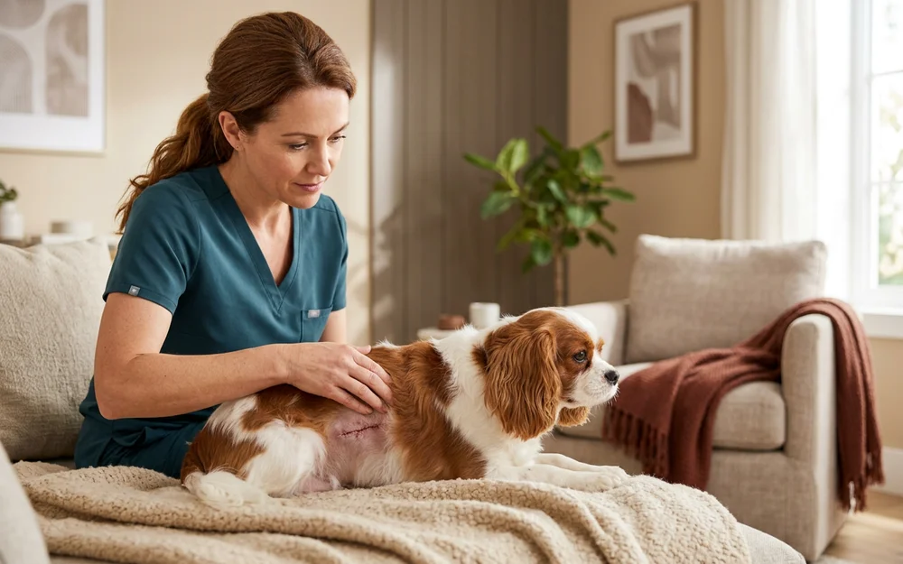 Dog owner checking a healing surgical incision on their calm spaniel at home