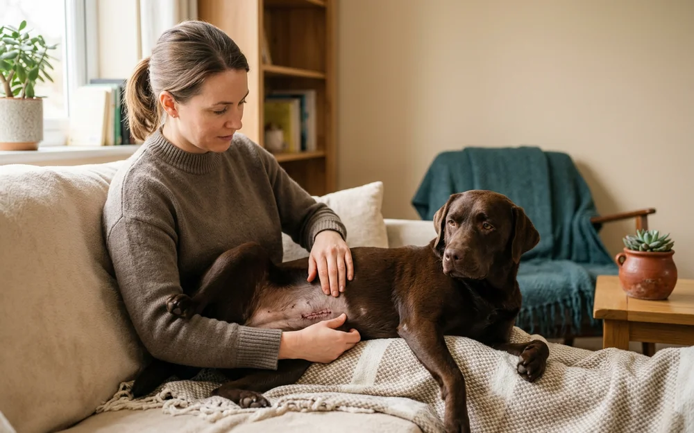 Dog owner checking a healing abdominal incision on a calm labrador at home