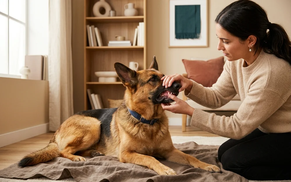Dog owner gently checking the gum colour of a calm recovering shepherd at home