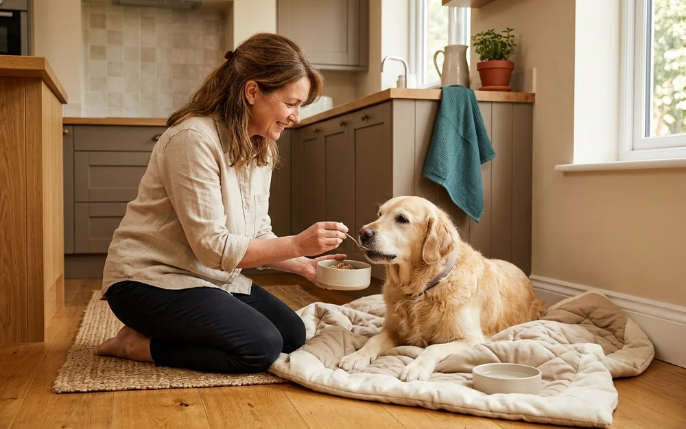 Dog owner offering a small portion of bland recovery food to a convalescing retriever