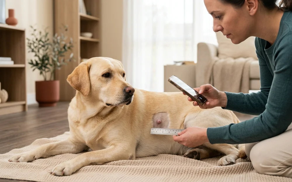 Dog owner photographing a lump beside a ruler for monthly monitoring at home