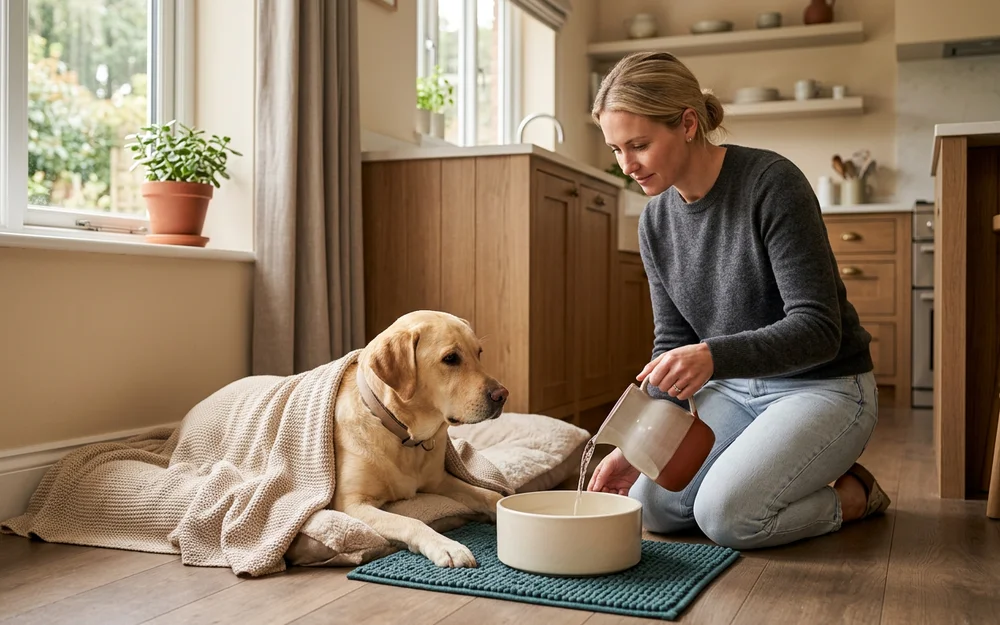 Dog owner refilling a large water bowl for a recovering dog at home