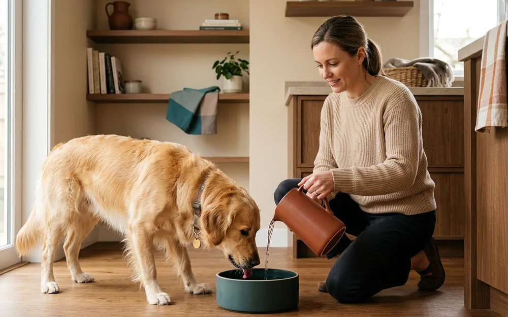 Dog owner refilling a water bowl while watching a female retriever drinking heavily