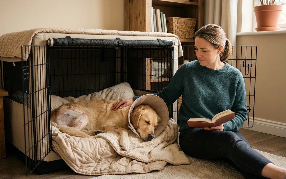 Dog resting calmly in a padded crate at home during strict post-operative rest