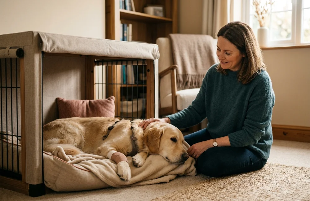 Dog with a healing limb resting calmly in a padded crate at home during strict rest