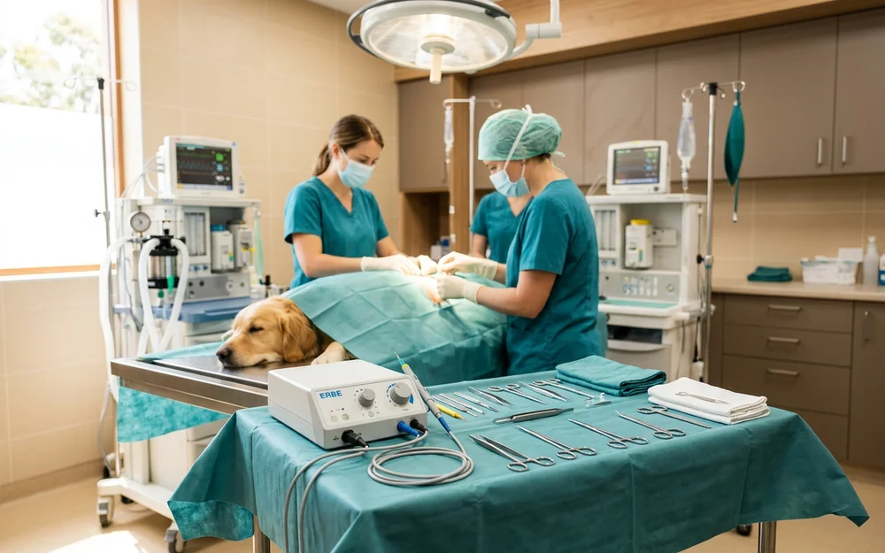 Electrocautery unit and precision surgical instruments on a sterile tray