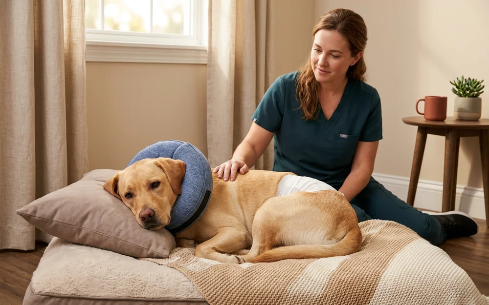 Female labrador recovering comfortably at home the day after emergency surgery