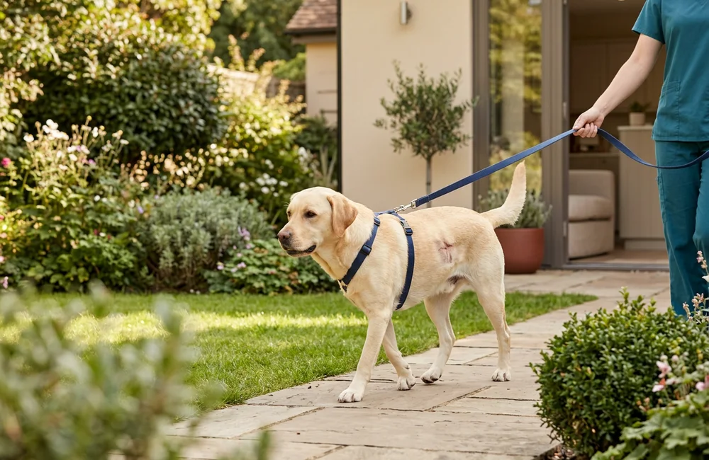 Healthy female labrador walking comfortably on a lead two weeks after surgery