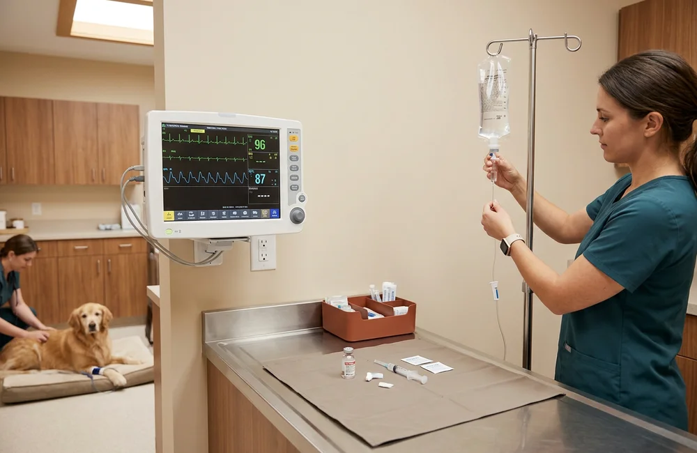IV fluid line and antibiotic preparation beside a multi-parameter vital sign monitor