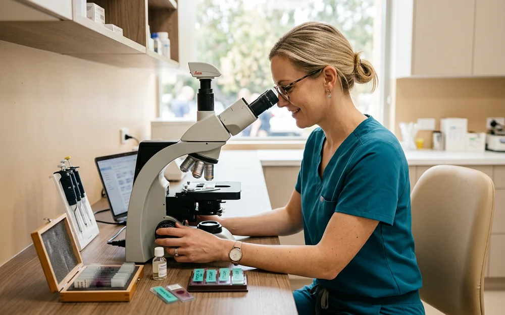 Microscope and prepared cytology slides in a veterinary diagnostic laboratory