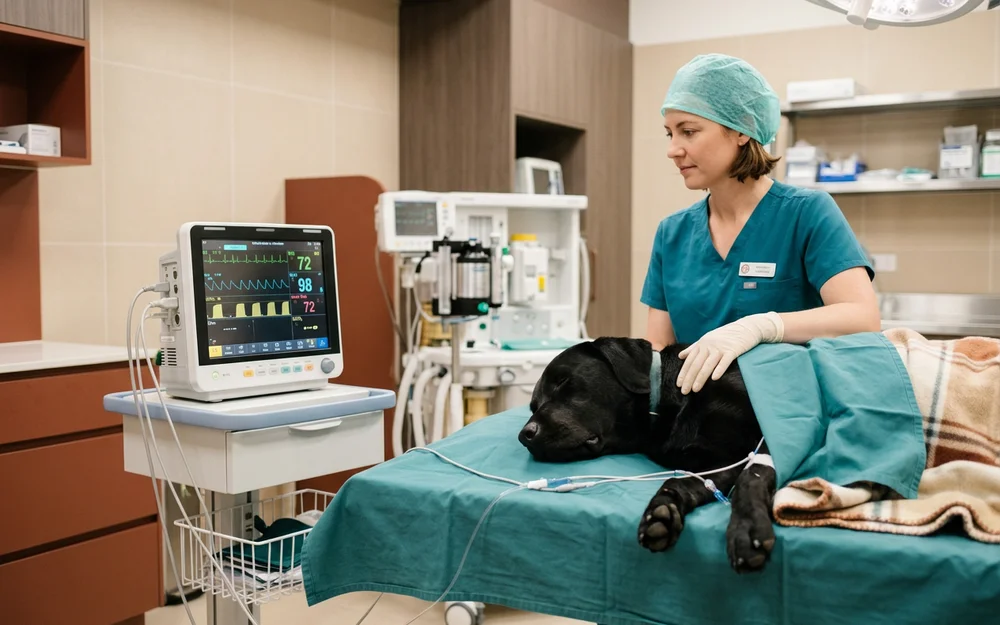 Multi-parameter anesthetic monitor beside a sleeping dog in a clean modern surgical suite