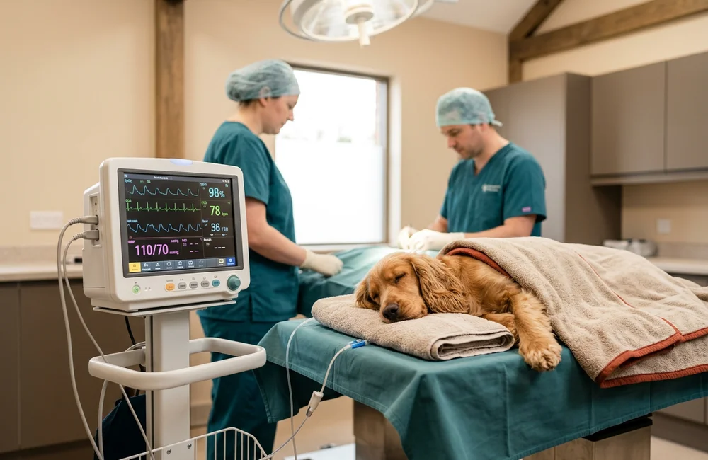 Multi-parameter anesthetic monitor beside a sleeping spaniel during a soft tissue procedure