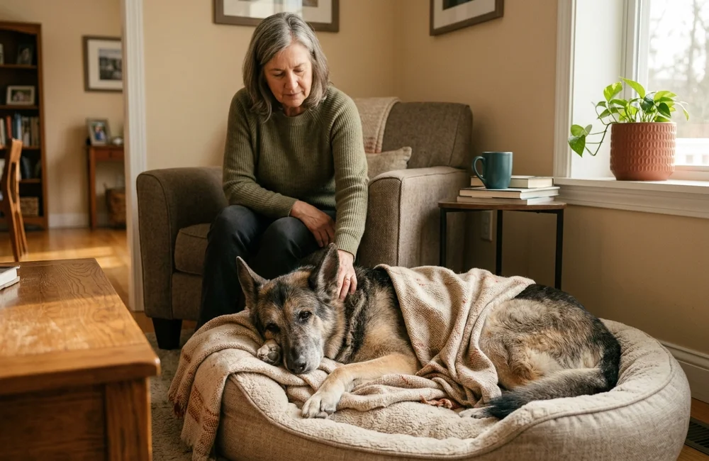 Older german shepherd resting quietly at home during recovery with an owner nearby