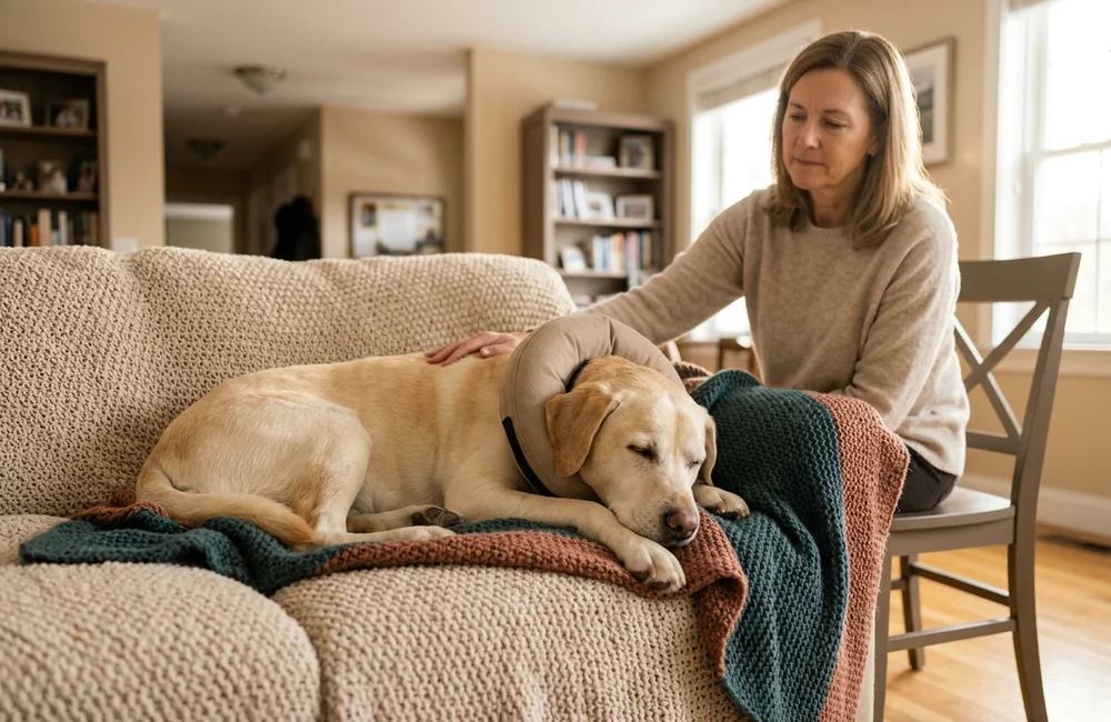 Older labrador resting comfortably at home during recovery with a calm owner nearby