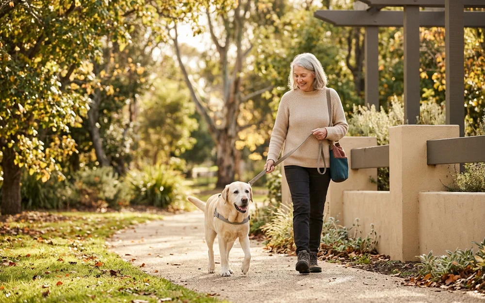 Older labrador walking comfortably on a lead two weeks after surgery
