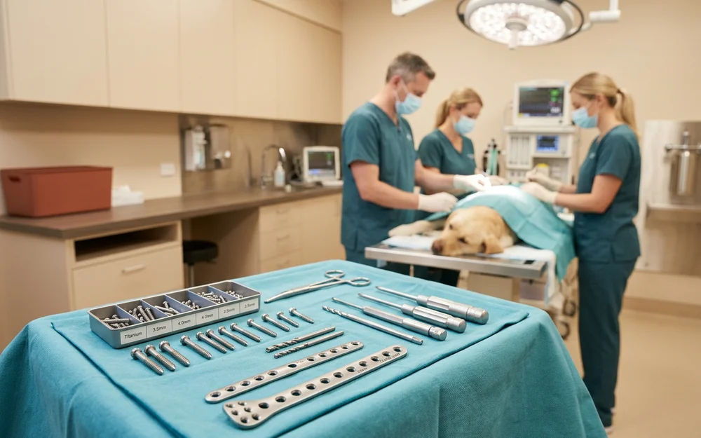 Orthopedic bone plate and cortical screws on a sterile instrument tray