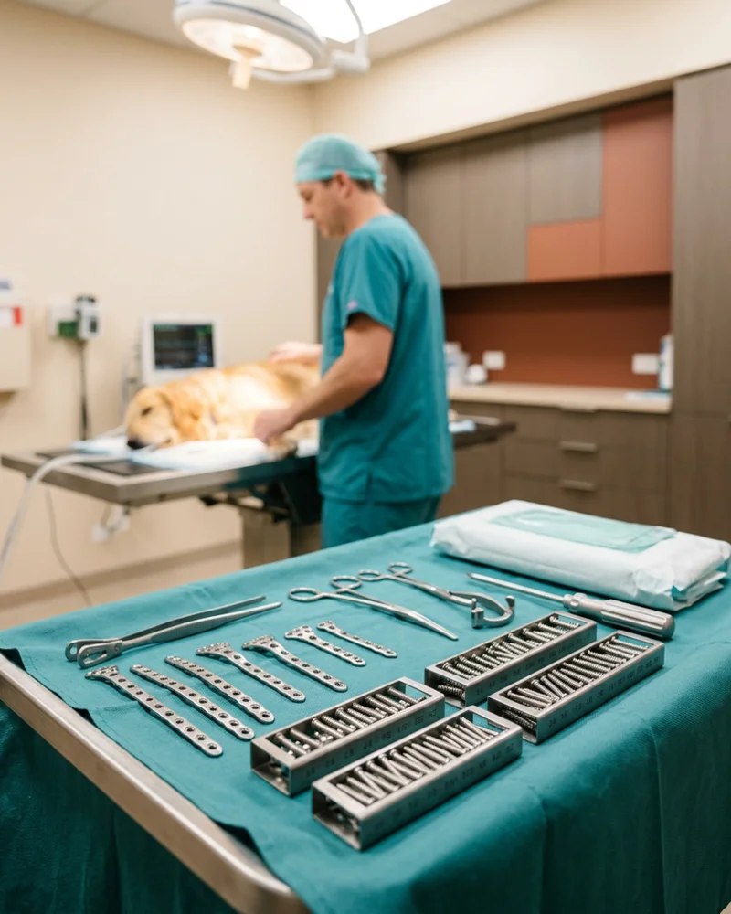 Orthopedic bone plate and surgical screws on a sterile instrument tray at a Wilmington DE veterinary operating suite for canine fracture repair