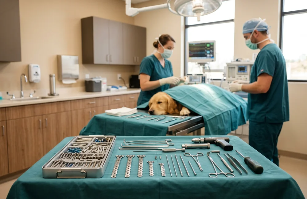 Orthopedic bone plates, cortical screws and intramedullary pins on a sterile instrument tray