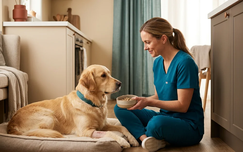 Owner offering a small bland-diet meal to a recovering golden retriever at home