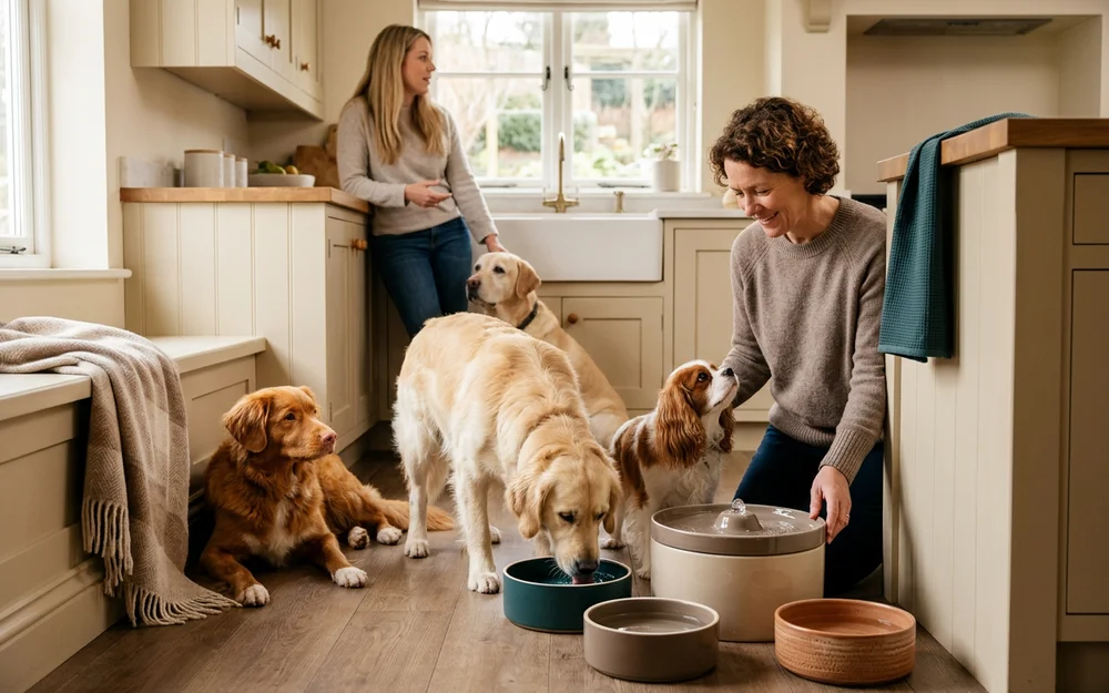 Pet water fountain and multiple full water bowls set out in a home kitchen