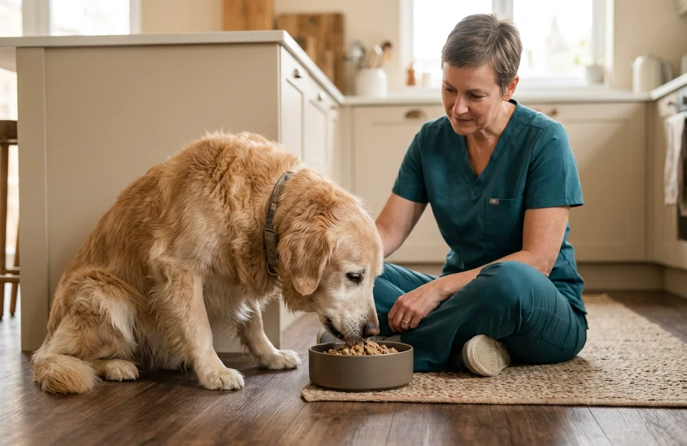Senior dog eating softened food comfortably at home a few days after dental surgery