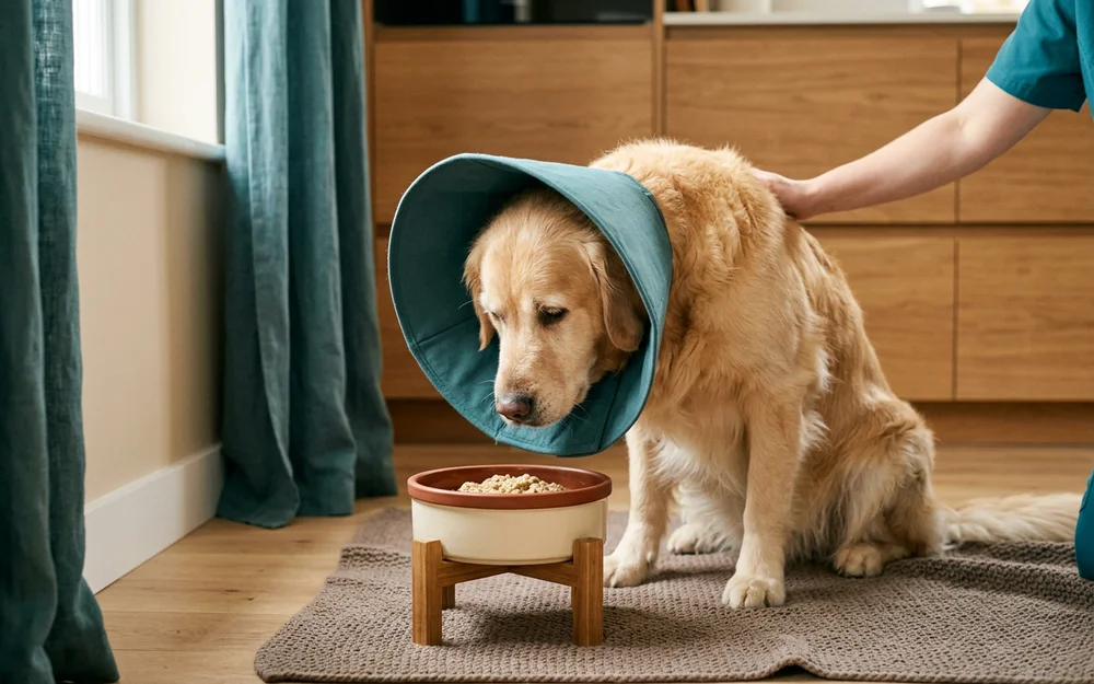 Senior dog eating softened food comfortably at home after dental surgery