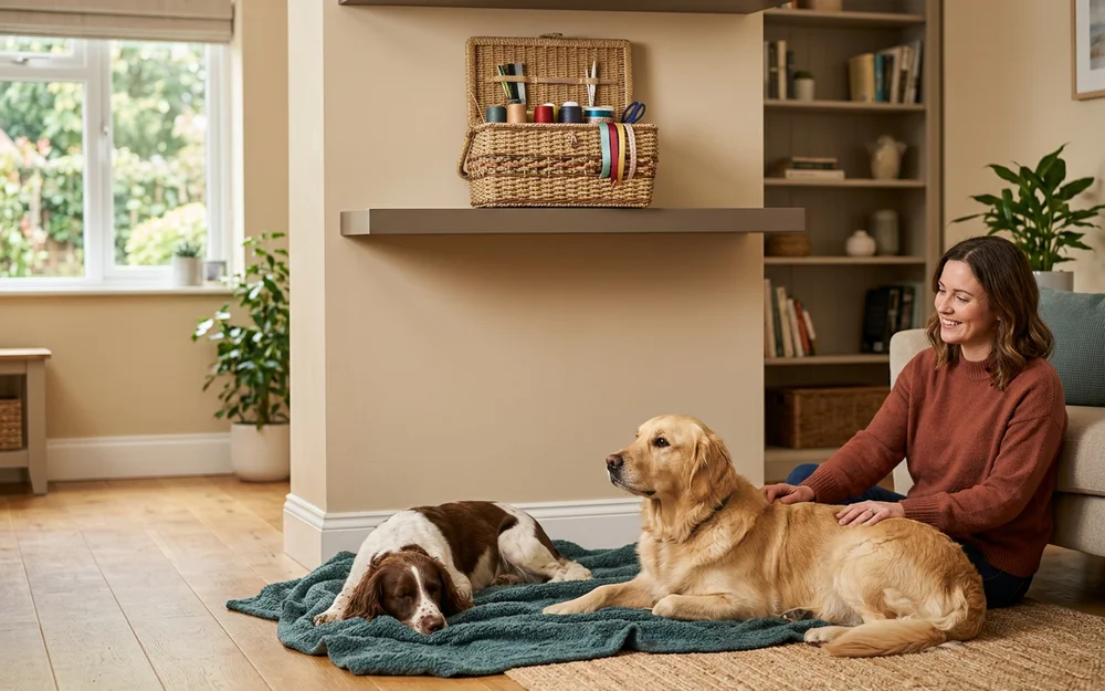 Sewing basket with thread stored safely on a high shelf out of a dog reach