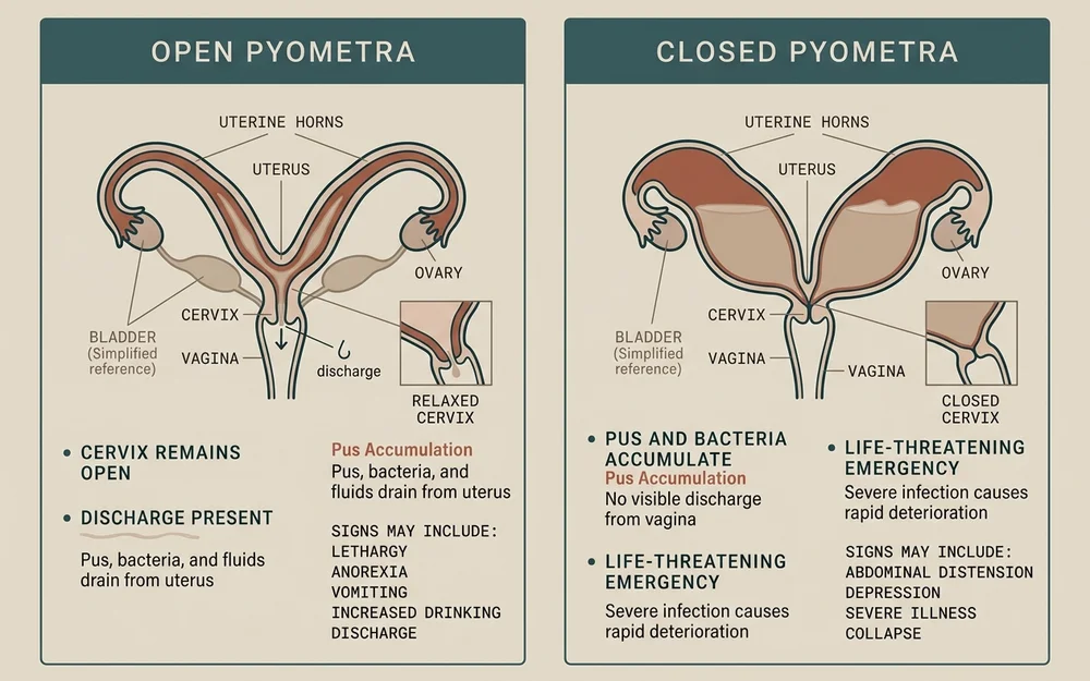 Clinical diagram contrasting open and closed pyometra