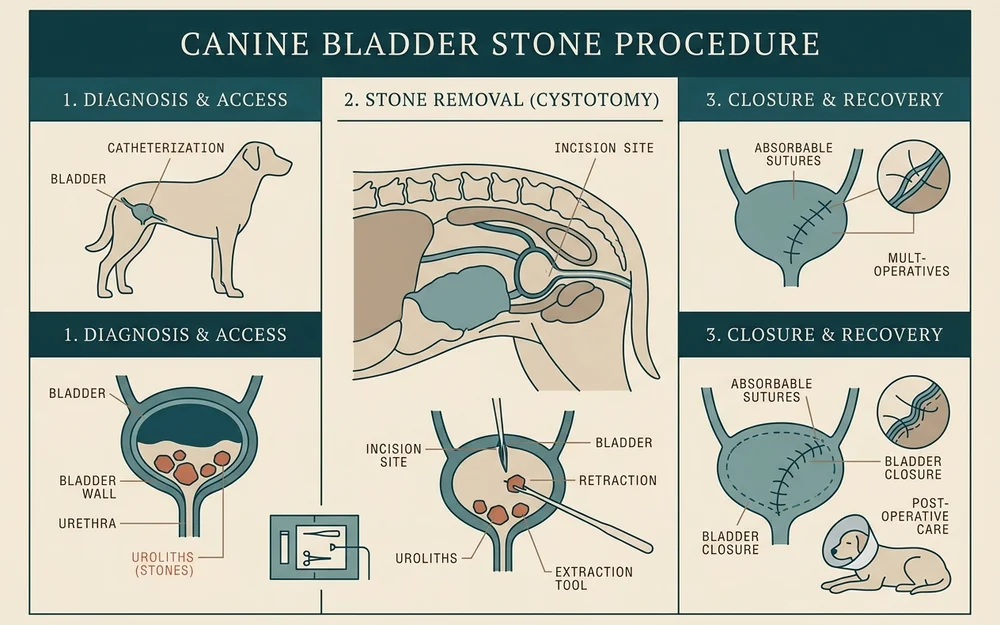 Clinical diagram of a canine bladder stone procedure