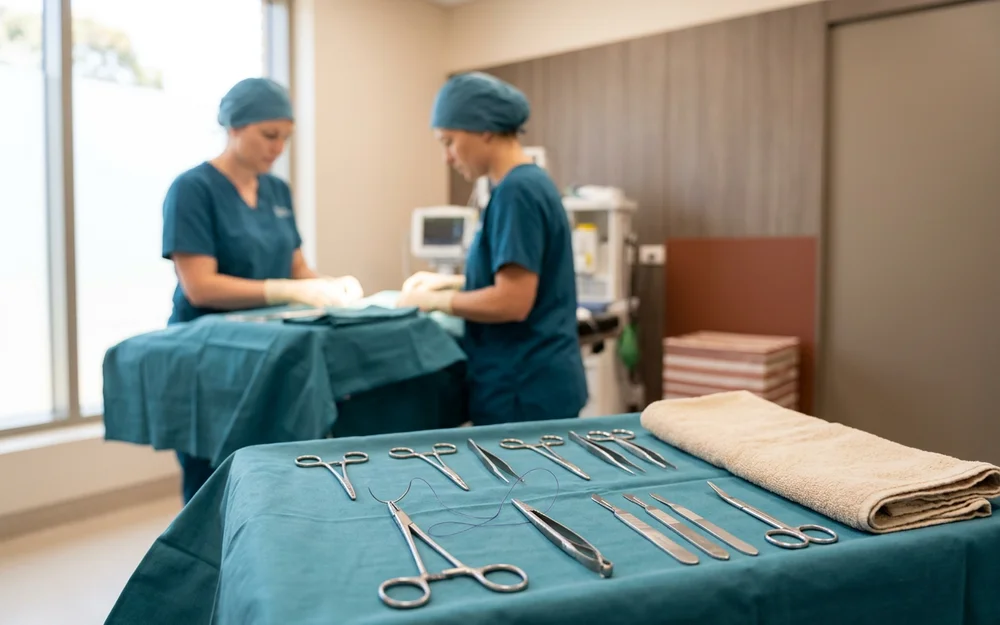 Sterile abdominal surgical instruments and fine suture material on a draped tray