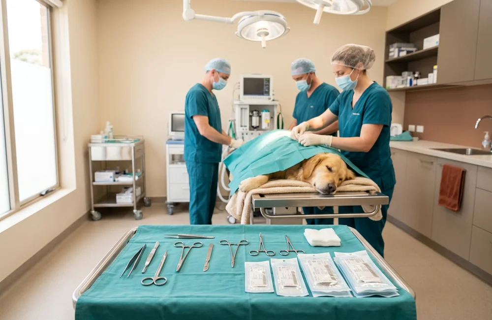 Sterile surgical instruments and suture material laid out for a canine abdominal procedure