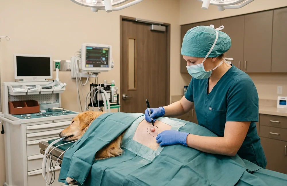 Surgeon marking planned surgical margins around a skin mass on a draped anesthetised dog